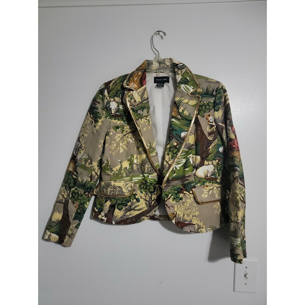 Women's Focus 2000 Tapestry Like Design Button Jacket Size 6P Toile Sheep